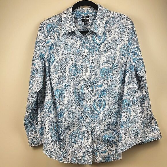 Talbot's Plus Size Non Iron Button Front Blouse Top Blue Paisley Size 18WP - Picture 10 of 10